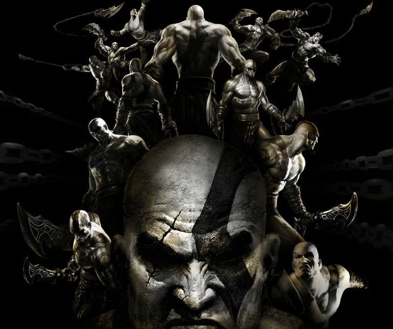 A close up of a poster of a group of people with a skull (game, god, video game, war)