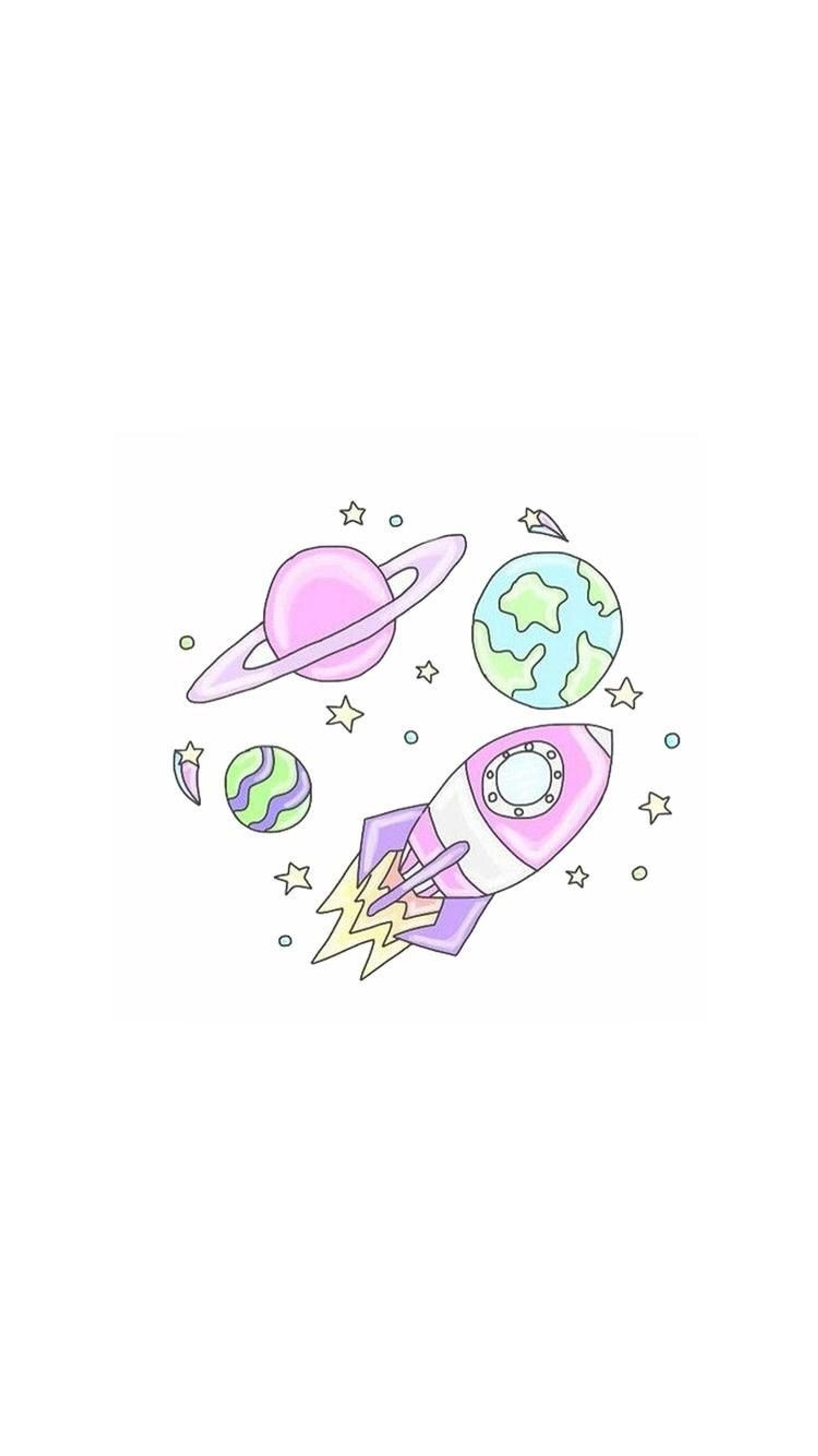 Un primer plano de un dibujo de una nave espacial con planetas y estrellas (chicas, cometa, galaxia, mundos, rosa)