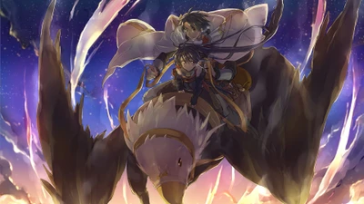 Shiroe and Akatsuki Riding a Griffin in Log Horizon