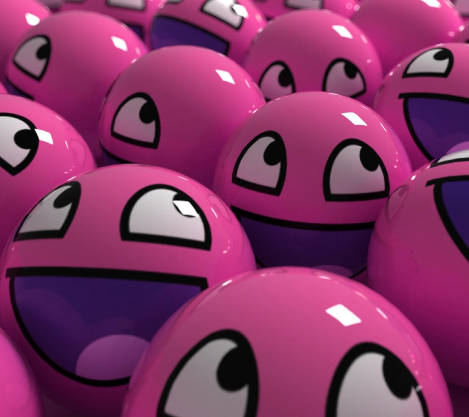 A close up of a bunch of pink balls with eyes (ball, face, pink, smiley)