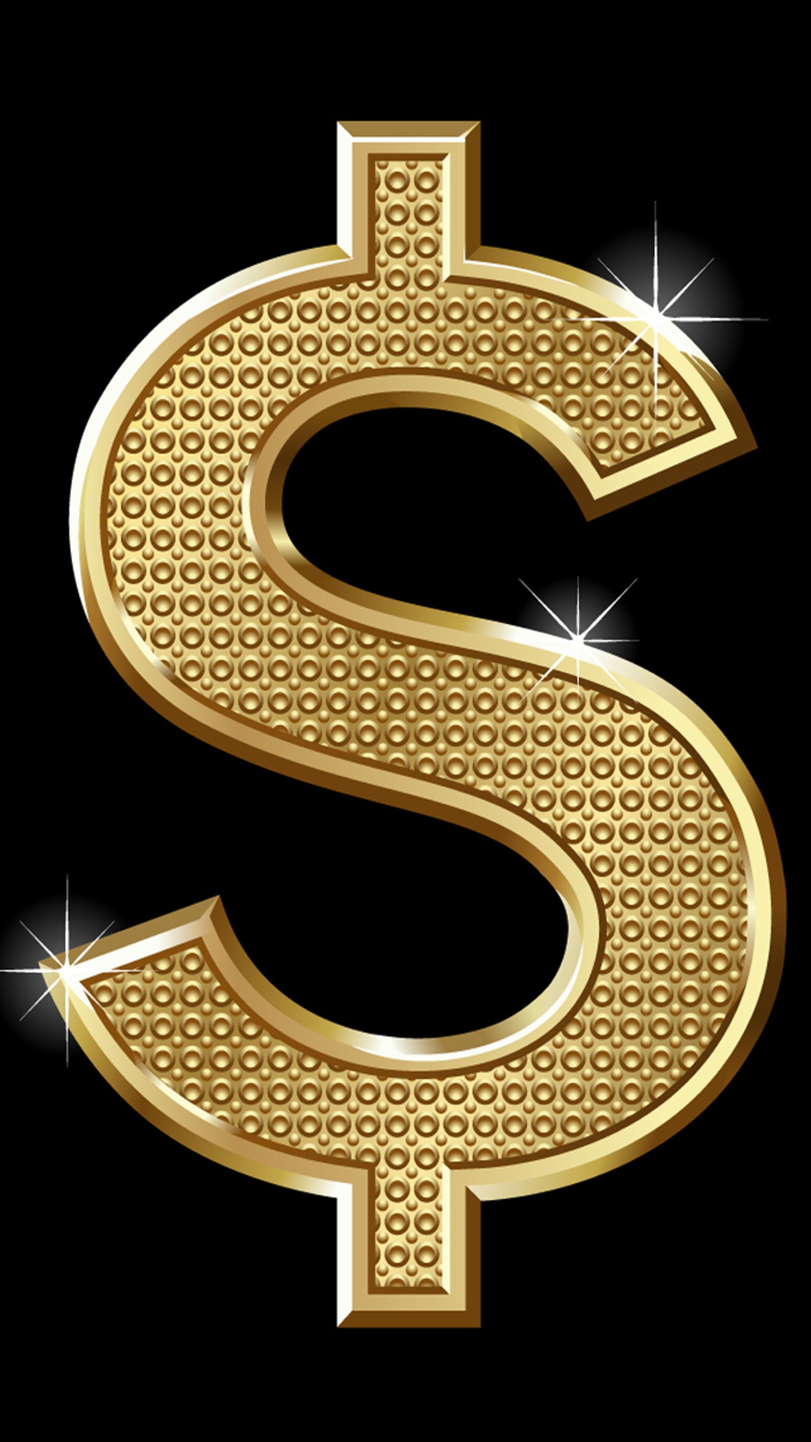 A gold dollar sign with a diamond pattern on a black background (bling, cash, designs, dollar sign, gold)