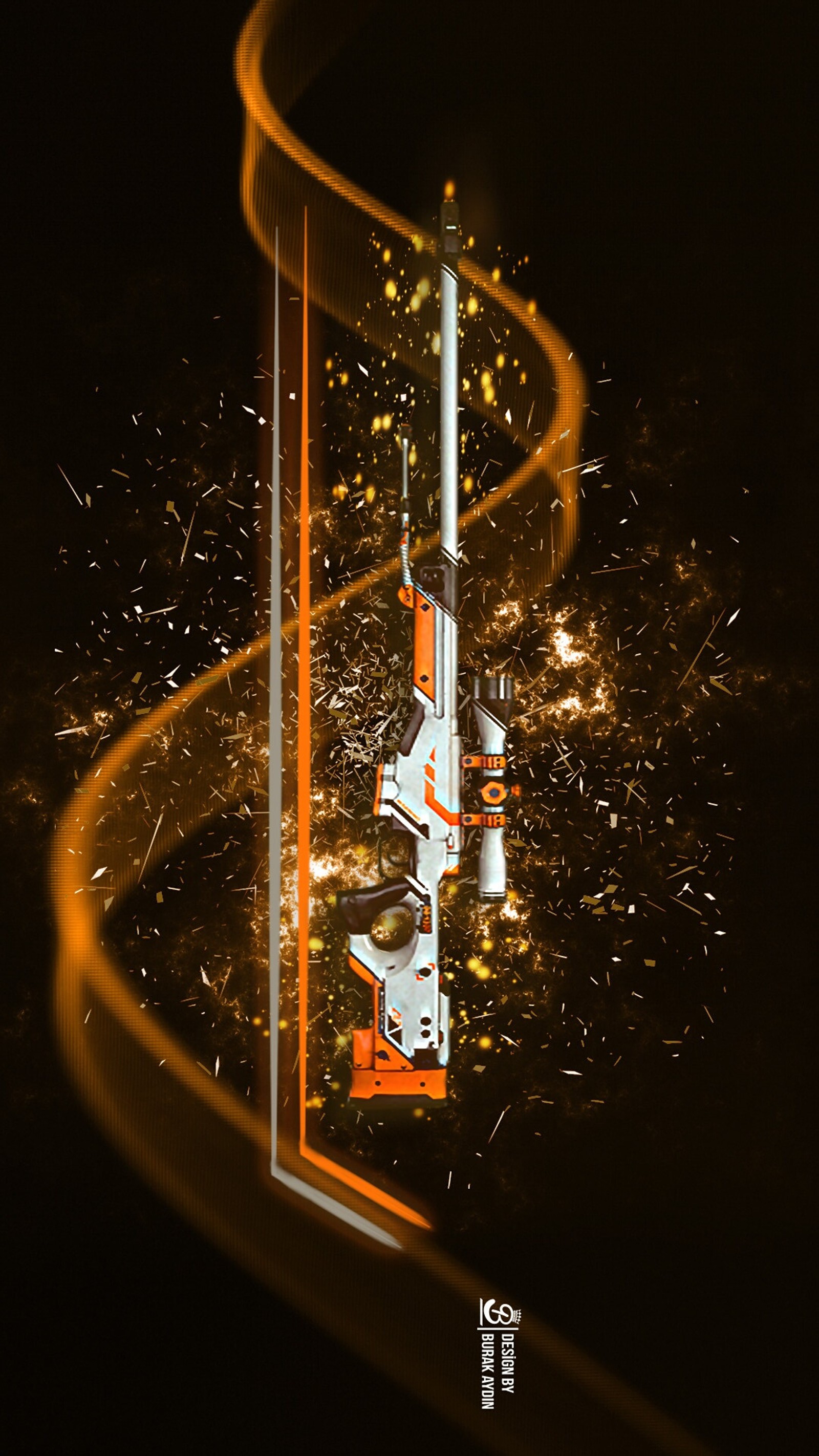 Una imagen de una torre del reloj con muchas luces (naranja, awp, arma)