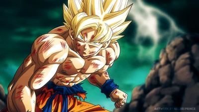 Goku, o guerreiro Super Saiyajin, se prepara para a batalha com determinação, exibindo suas cicatrizes de batalha contra um fundo dramático.