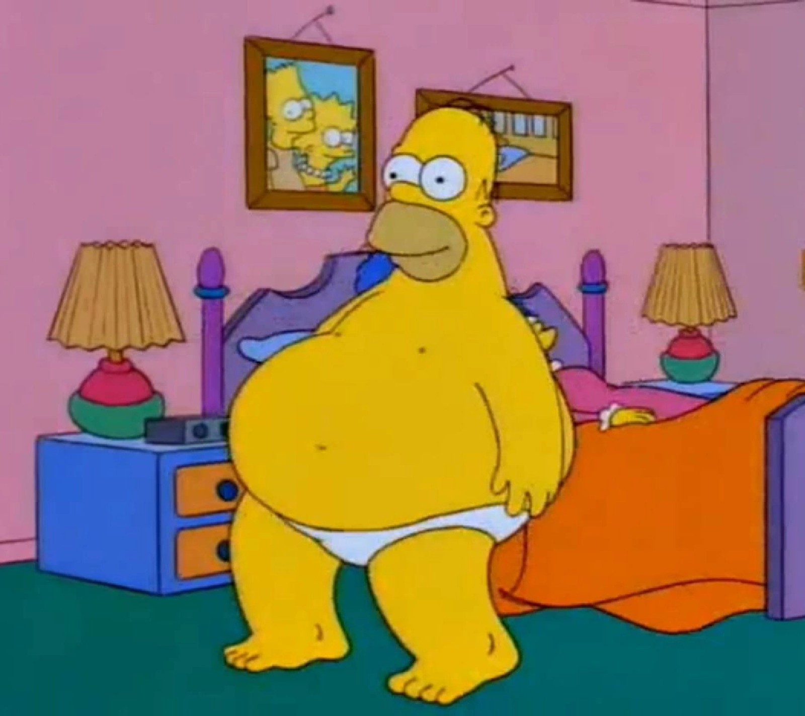 Un primer plano de una persona en ropa interior de pie en un dormitorio (fat homer, homero, homer simpson, papel tapiz de los simpson, the simpsons wallpaper)