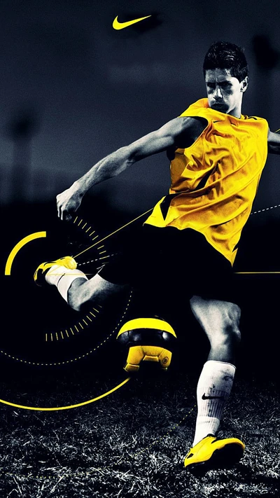 Dynamic soccer player in action, showcasing powerful kick with Nike gear, set against a dramatic dark background.