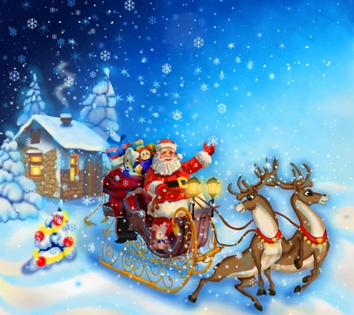 Whimsical Christmas Scene with Santa's Sleigh and Reindeer in a Winter Wonderland