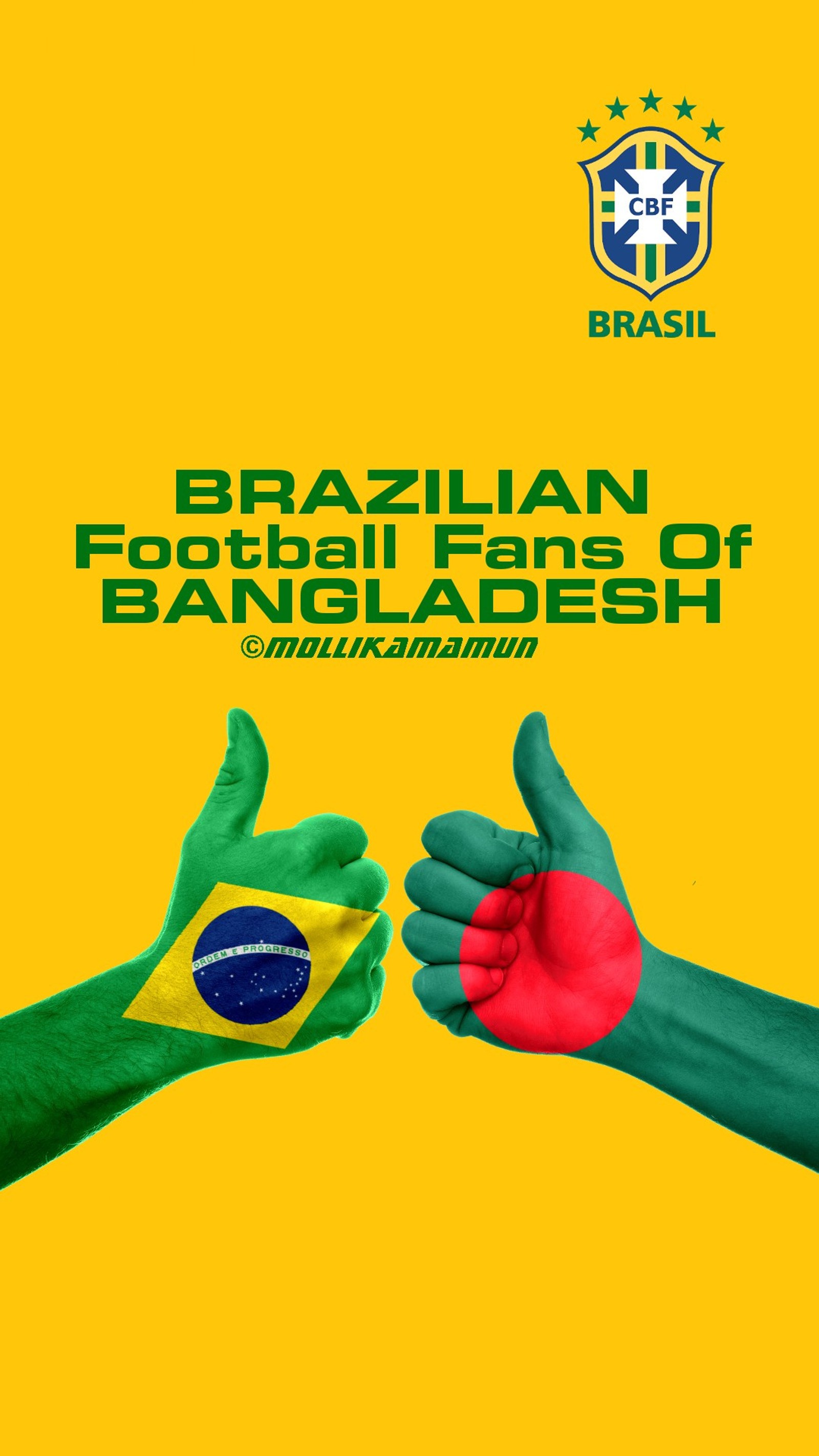 Poster eines brasilianischen fußballfans mit zwei händen, die in den farben der brasilianischen flagge bemalt sind (brazil fans of bangladesh, brazil football fans, fifa weltmeisterschaft 2018, fifa world cup 2018, neymar jr)