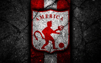 America de Cali Football Club Logo on a textured red and white background.