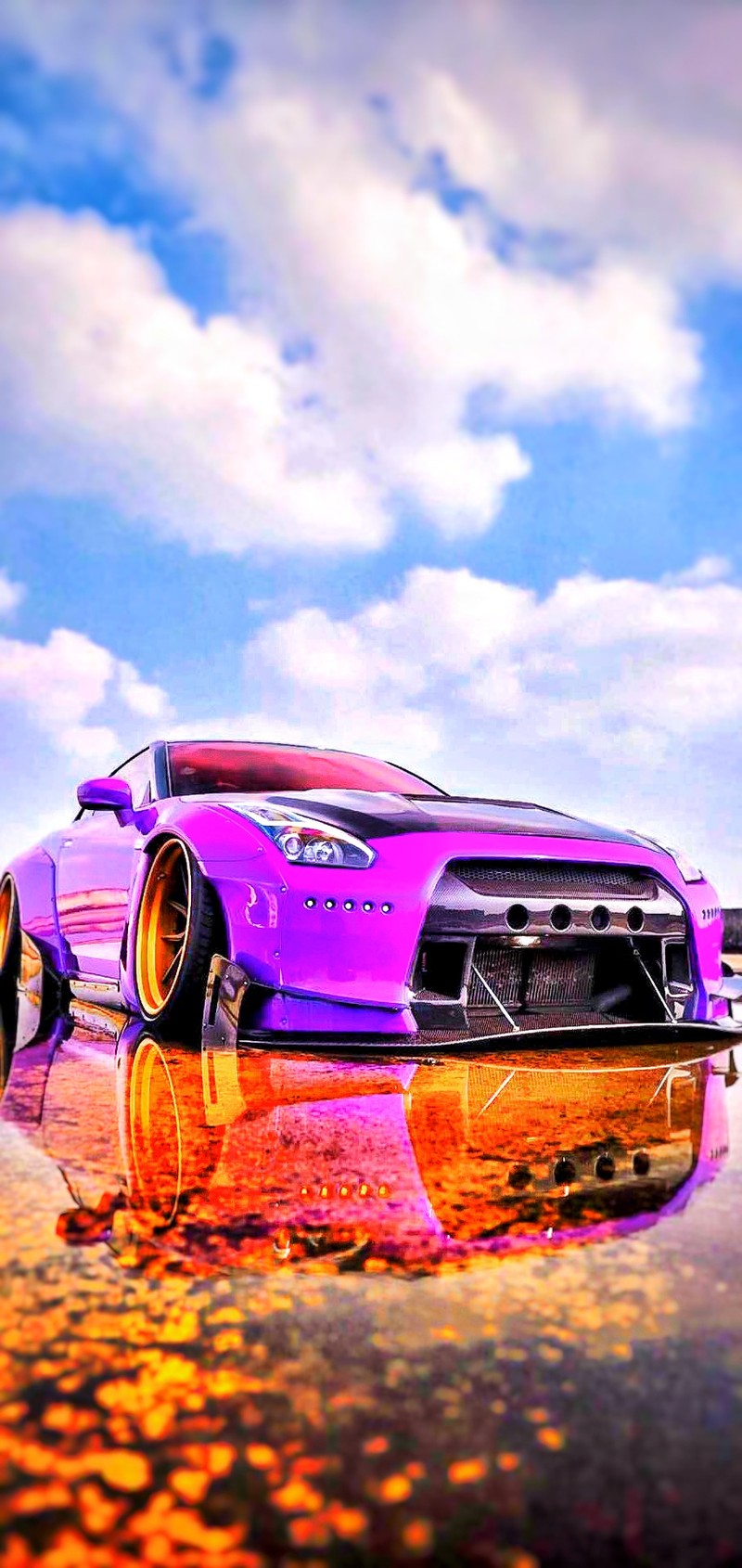 Carro roxo estacionado em uma praia com o reflexo do céu (4k, carro, drifting, hd, personalizado)