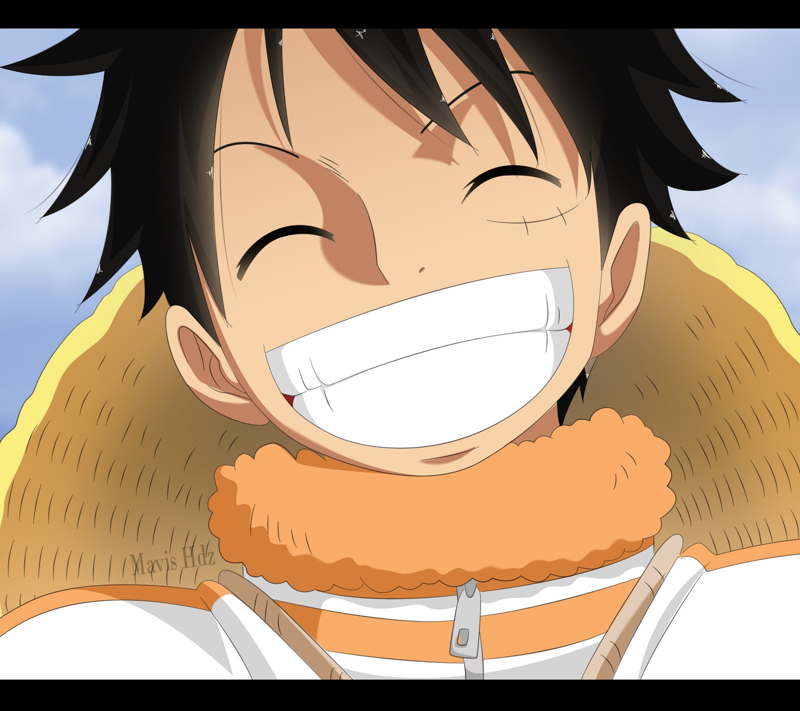 Garçon anime avec des cheveux noirs et une écharpe jaune souriant (luffy, one piece)