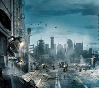 Bataille urbaine futuriste : paysage dystopique abstrait