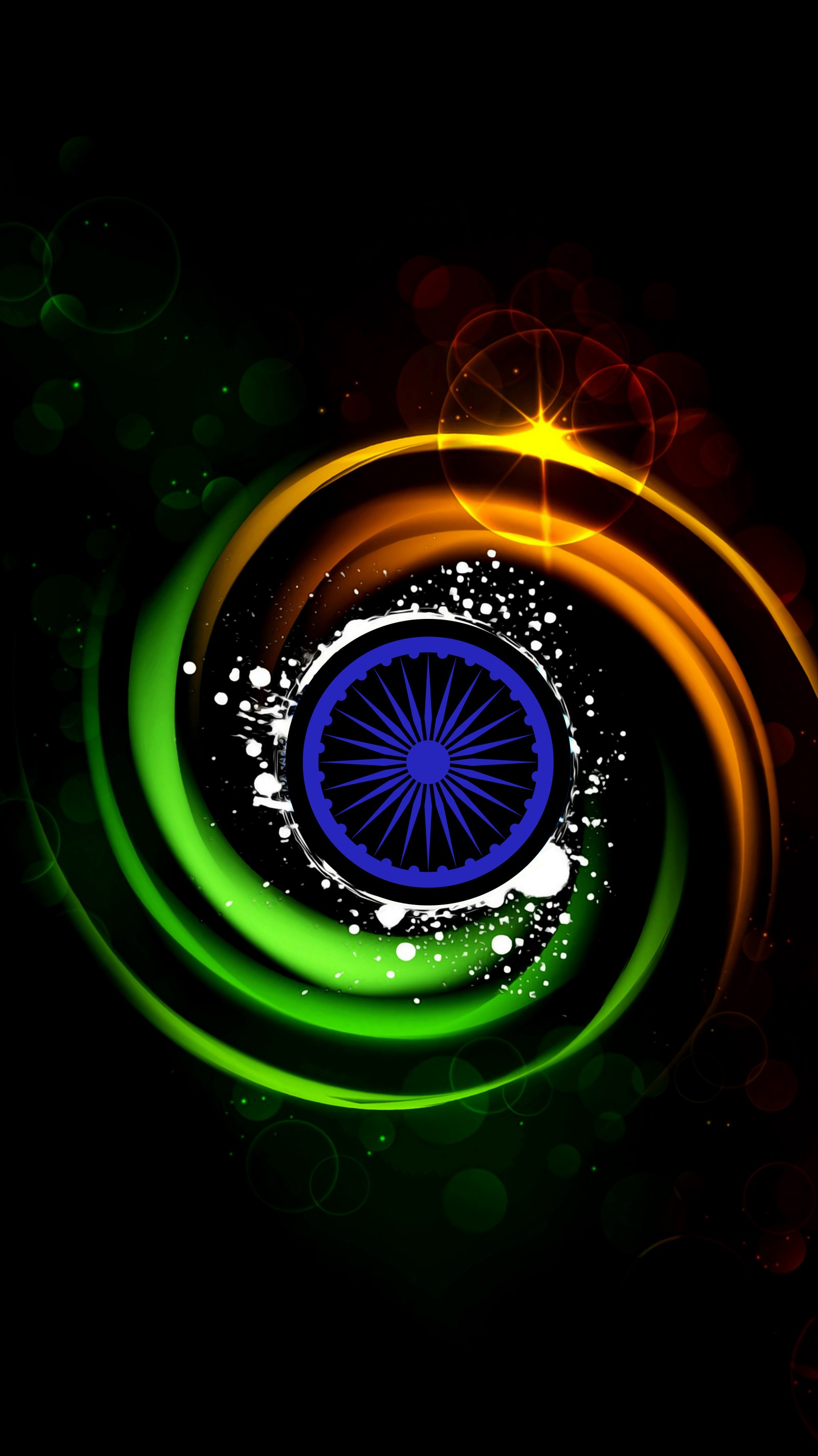 A close up of a colorful circular design with a star in the middle (good, indian flag)