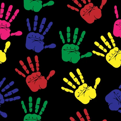 Colorful handprints in various positions against a black background.