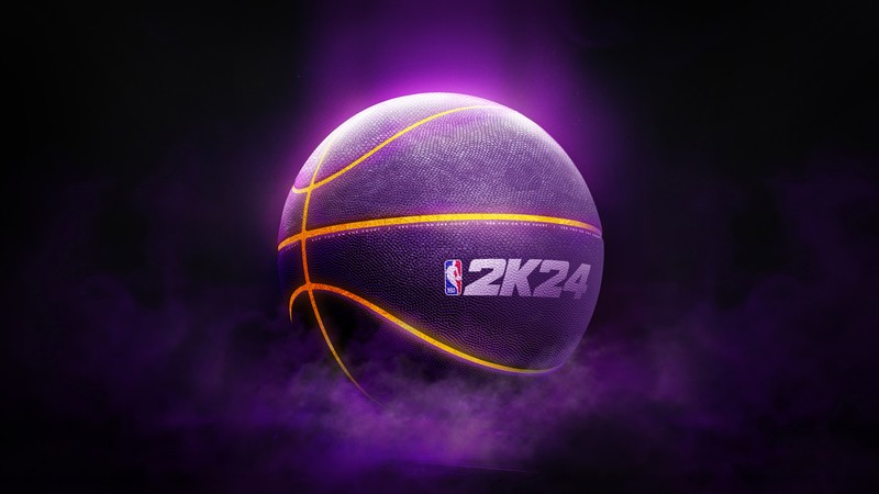 Баскетбольный мяч с надписью nba на тёмном фоне (nba 2k24, баскетбол, игры 2024, фиолетовый фон, темно фиолетовый)