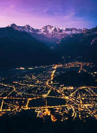 mountain peak, purple, city lights, aerial view, dawn