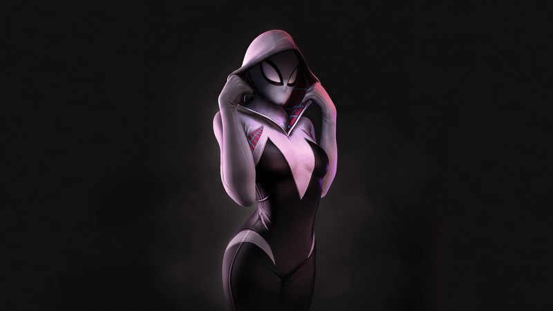 Близкий план человека в черном и розовом костюме (гвен паук, spider gwen, супергерои marvel, marvel superheroes, гвен стейси)