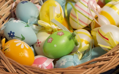 Colorful Easter Eggs in a Woven Basket with Floral Accents