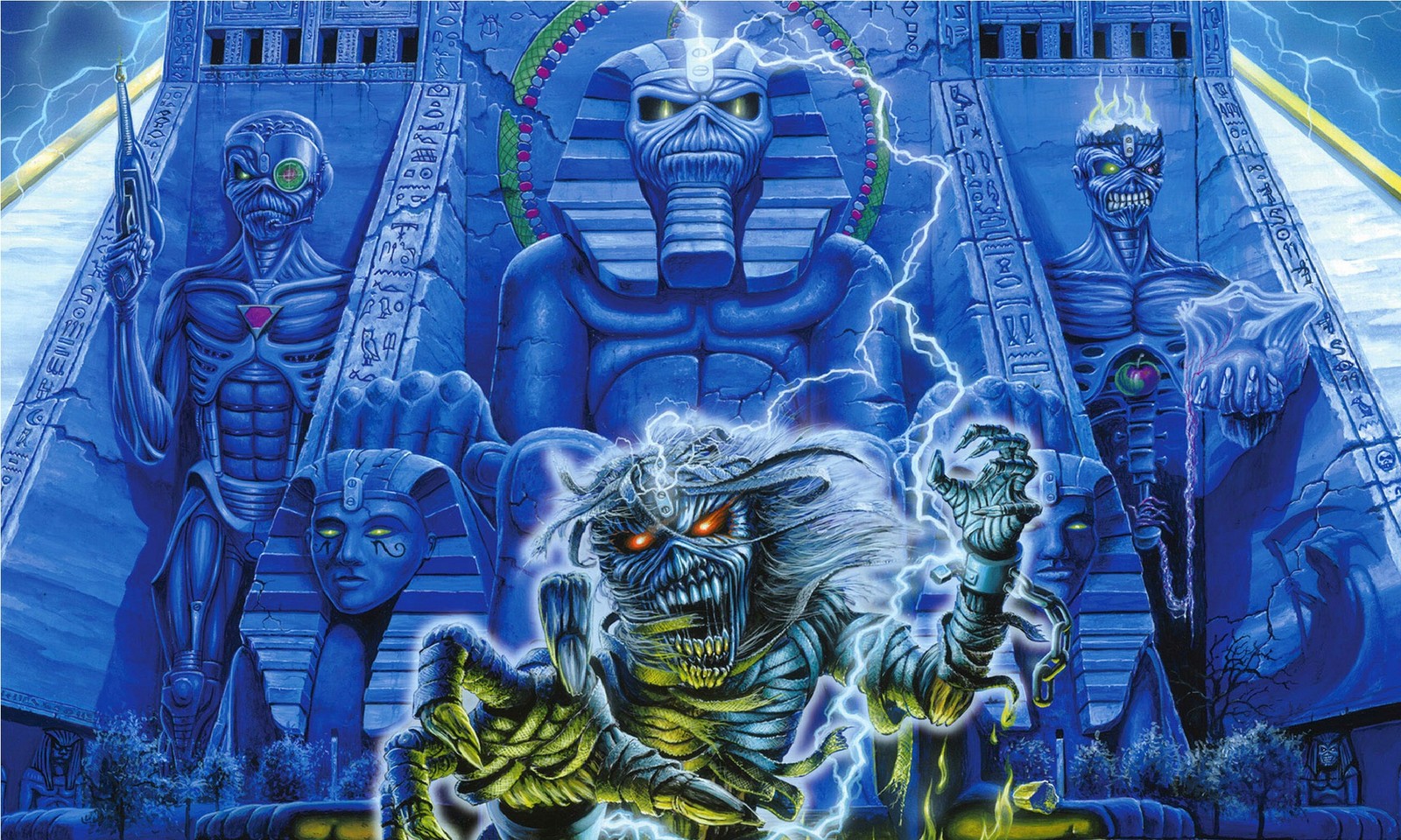 A painting of a monster with a sword in front of a castle (iron maiden, heavy metal, eddie, art, mural)