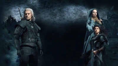 Geralt von Riva mit Ciri und Yennefer in einer dunklen Fantasy-Welt aus "The Witcher