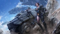 Futuristic Woman Warrior in Action with High-Tech Vehicle