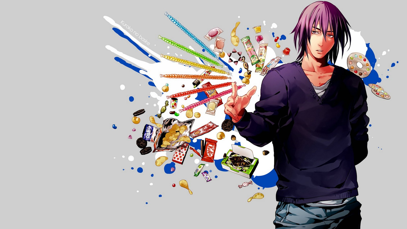 Un hombre con cabello morado y una camiseta morada sosteniendo un cuchillo (tetsuya kuroko, baloncesto de kuroko, anime, diseño gráfico, ilustración)