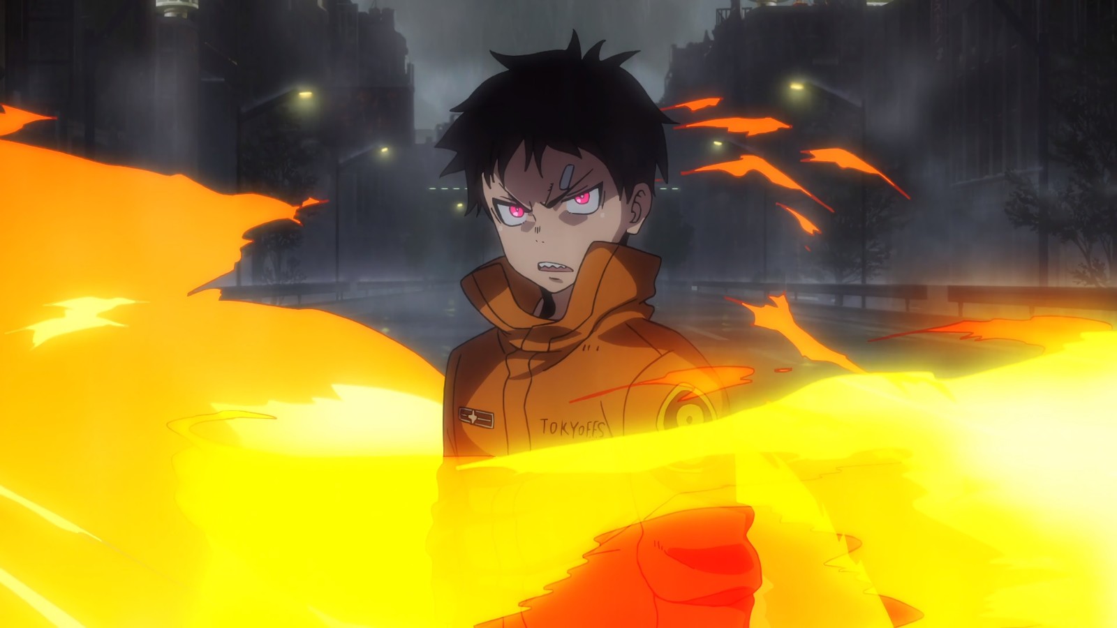 Крупный план человека с огнем в воздухе (fire force, аниме, anime, огненная бригада, enen no shouboutai)