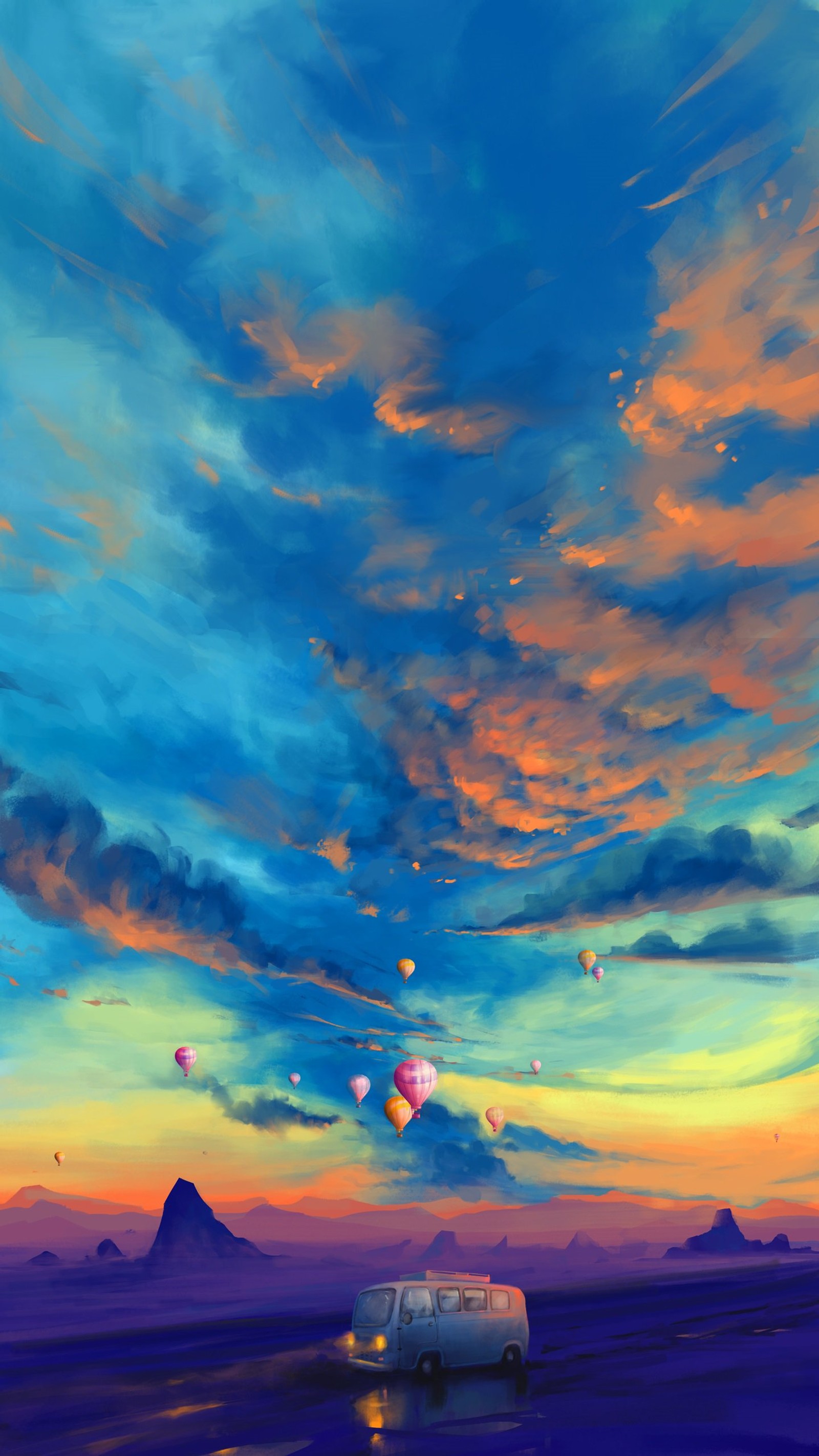 Painting of a van on a road with balloons flying in the sky (cloud, atmosphere, daytime, ecoregion, water)