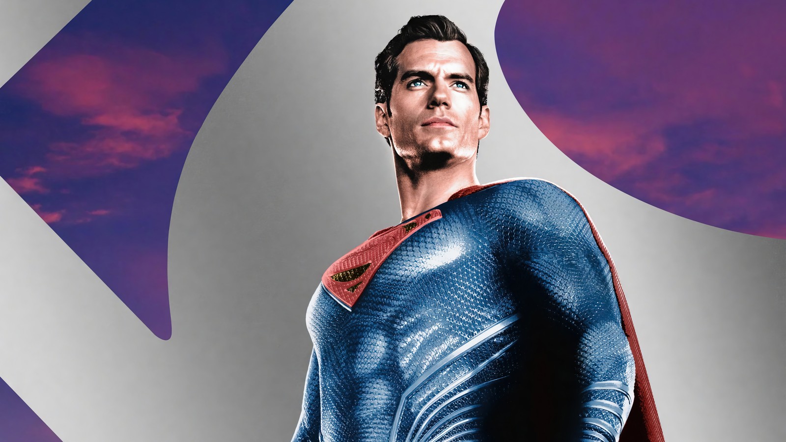 Un hombre en un traje de superhéroe de pie frente a un cielo púrpura (superman, superhéroe, hombre de acero, henry cavill, película)