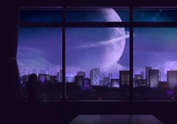 Violette Stadtlandschaft unter einem Vollmond