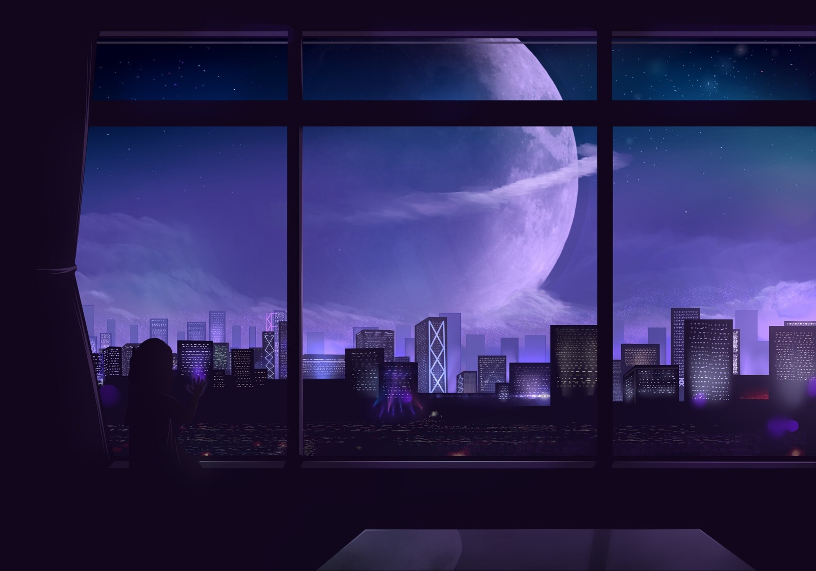 Uma vista de uma cidade de uma janela com uma lua cheia (azul, roxo, violeta, cidade, luz)