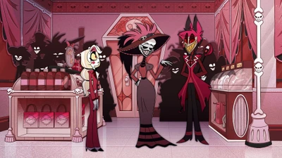 Charlie Morningstar avec Rosie et Alastor dans un cadre de boutique gothique - Hazbin Hotel