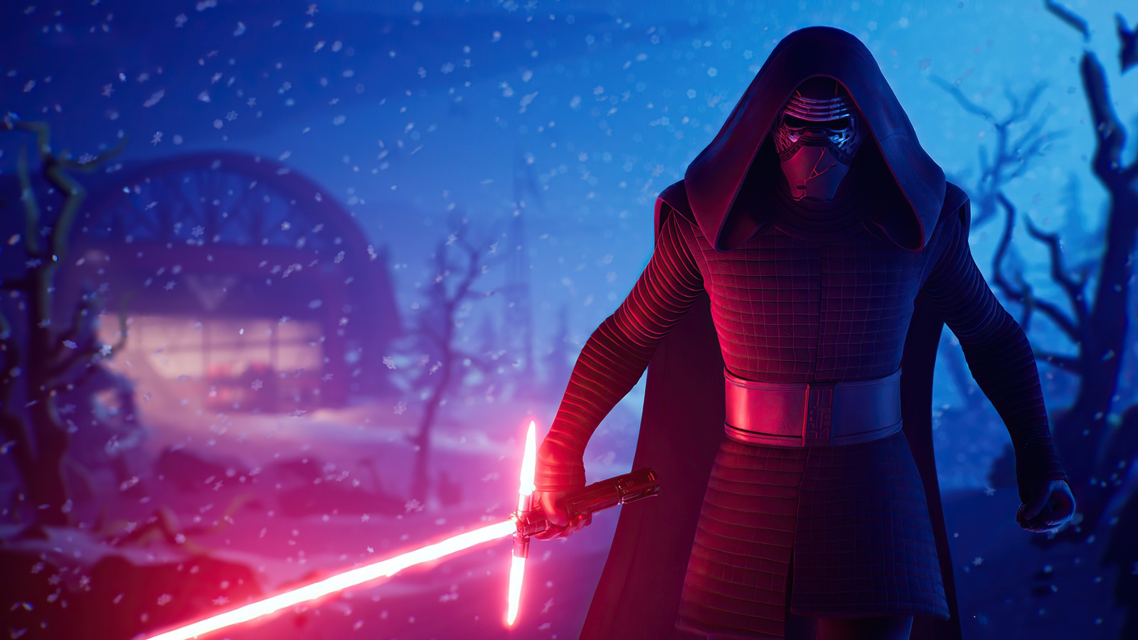 Un homme en robe sombre tenant un sabre laser rouge (kylo ren, sabre laser, lightsaber, star wars, fortnite)