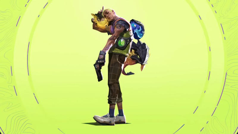 A picture of a man with a backpack and a dog (valorant, video game, gekko, green, background)