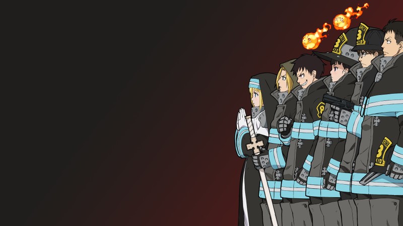 Аниме-пожарные с пожарными шлангами и касками стоят в ряд (fire force, аниме, anime, огненная бригада, enen no shouboutai)