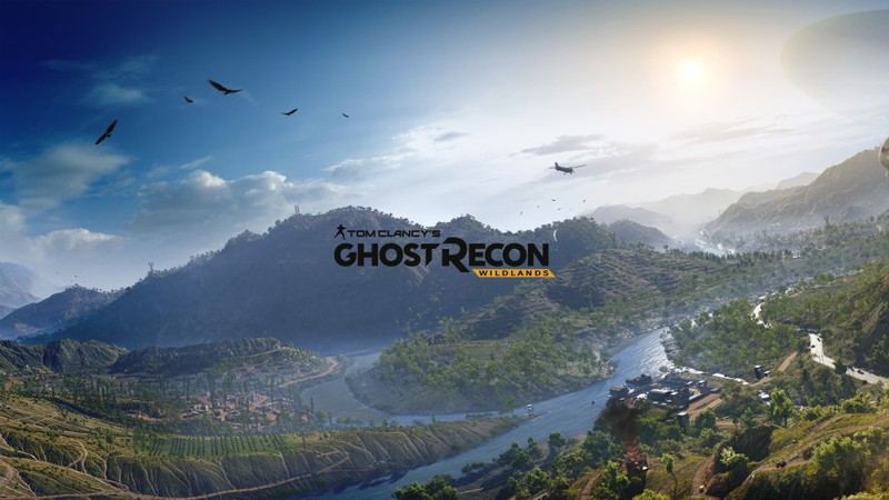 Вид на гору с рекой и птицей, летящей над ней (tom clancys ghost recon wildlands, том клэнси призрак рекона фантомов, tom clancys ghost recon phantoms, природа, горный курорт)