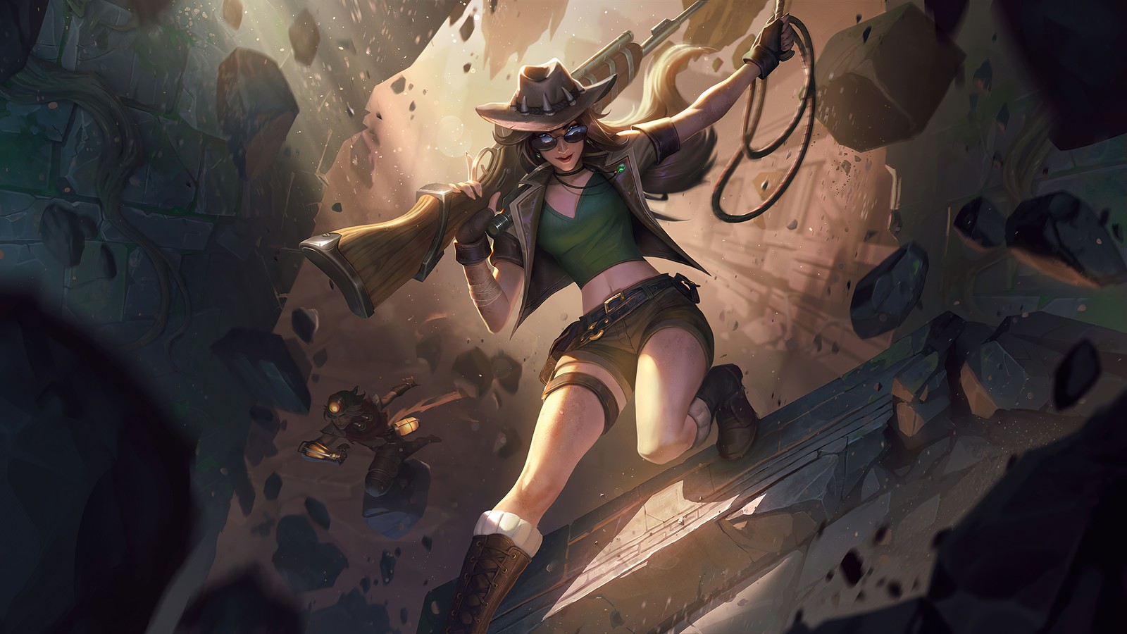 Une femme avec un chapeau et une chemise verte tenant une arme (safari, caitlyn, mise à jour, league of legends, lol)