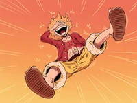 Luffy in Gear 5, embodying the Sun God Nika with exuberant laughter against a vibrant sunset backdrop.