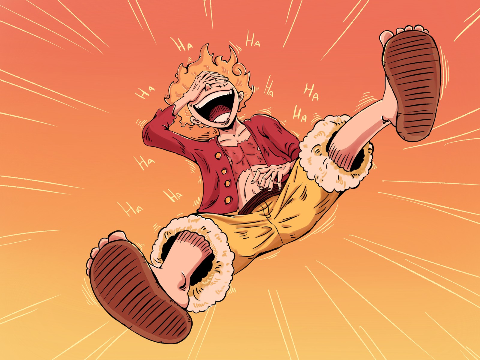 Caricatura de un hombre con camisa roja y pantalones amarillos saltando (luffy, equipo 5, one piece, dios del sol nika, anime)