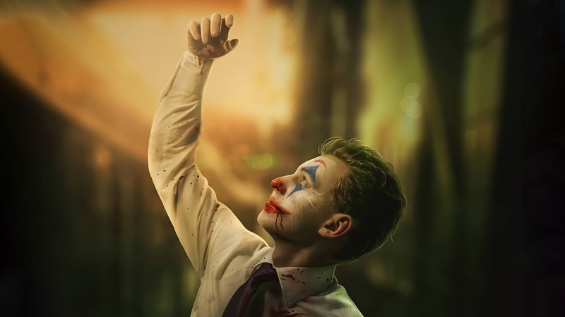 Мужчина с клоунским макияжем и галстуком, поднимающим руку (джокер, joker, человек, искусство, batman)