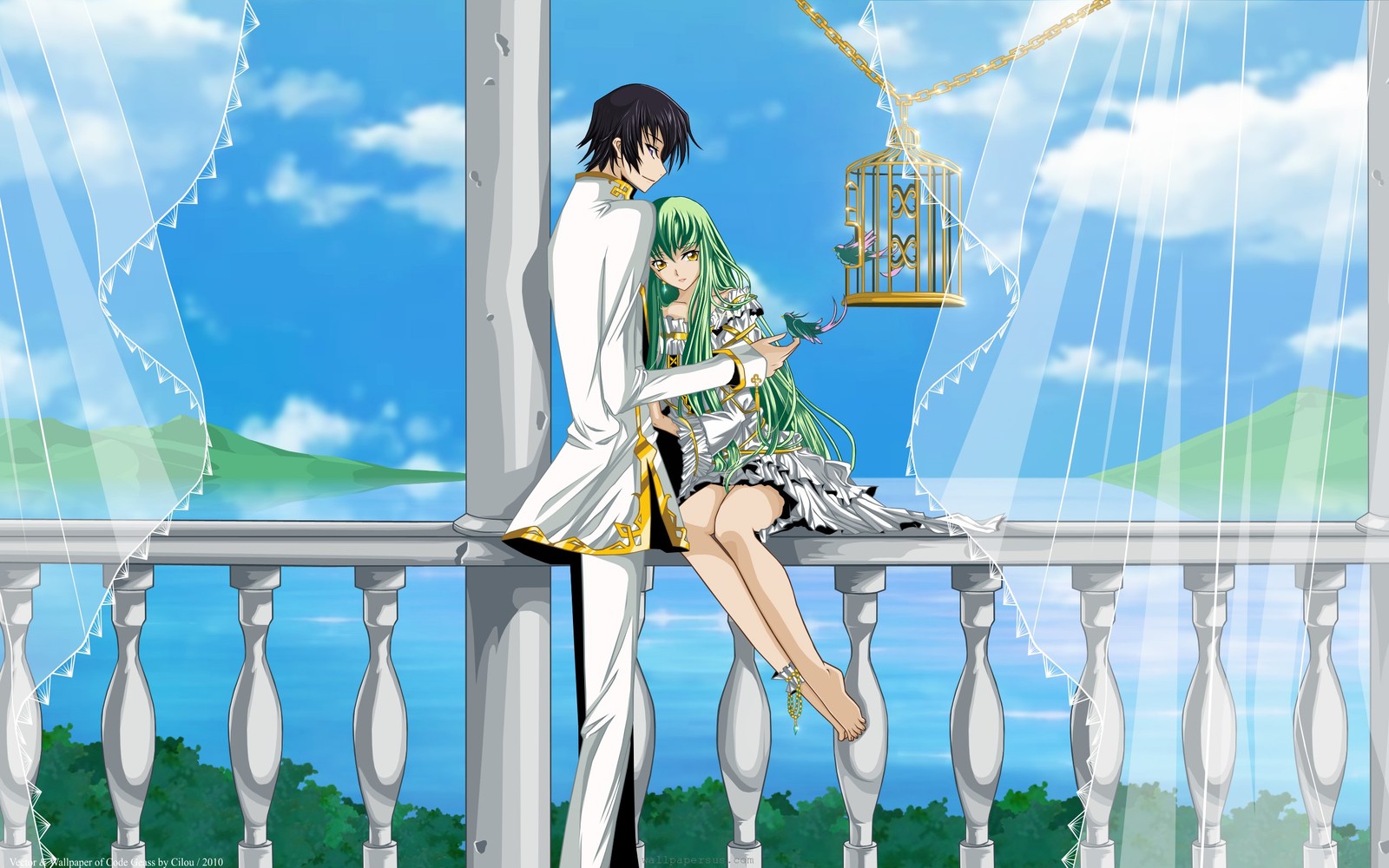 A couple of anime characters sitting on a balcony with a bird in a cage (lelouch lamperouge, anime, blue, sky, wind)