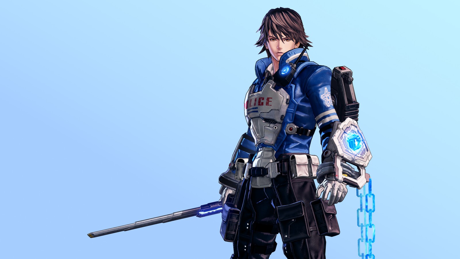 Personaje de anime con una espada y una cadena alrededor del cuello (astral chain, videojuego, akira howard)