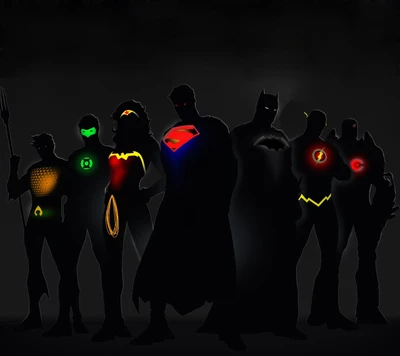 Silhouetten ikonischer Superhelden: Aquaman, Batman, Flash, Green Lantern, Superman, Wonder Woman