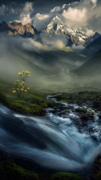 Majestic Mountain Landscape with Flowing Stream and Wildflowers