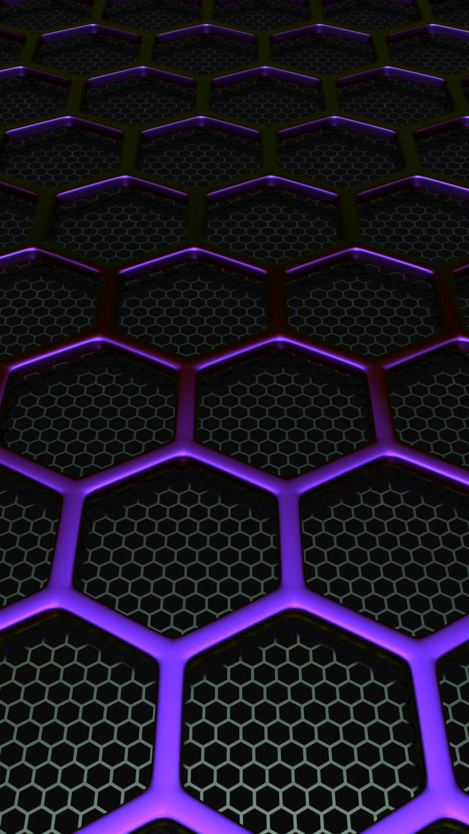 A close up of a purple and black hexagonal pattern (abstract, mesh, metal, shape)