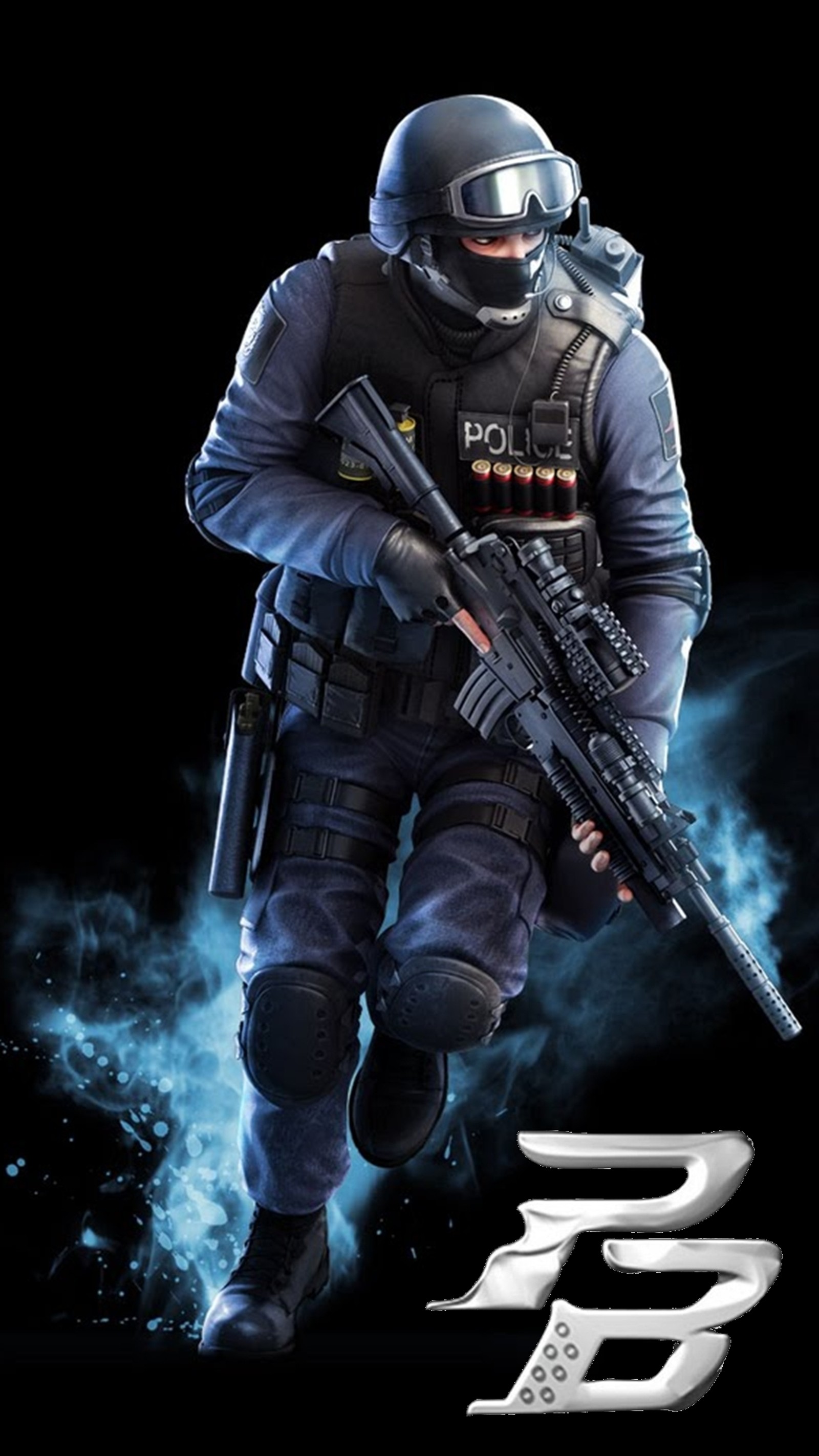 A man in a uniform with a gun and a gun in his hand (action, blue, dark, games, shooting)