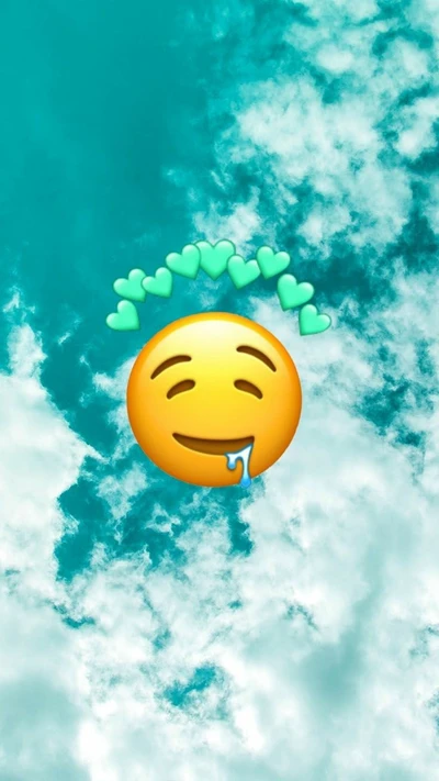 Cielo azul con emoji babeando y corazones verdes