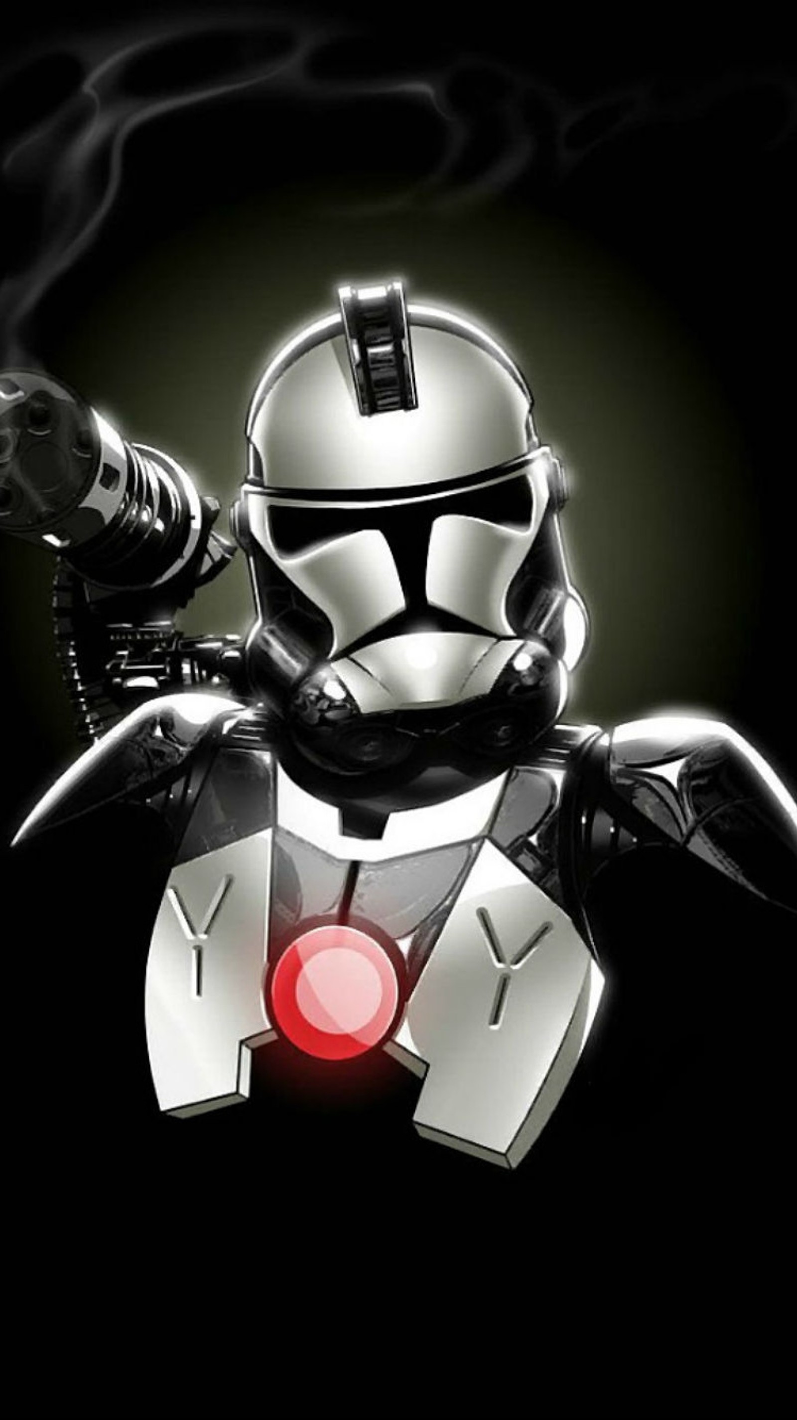 A close up of a star wars character with a red light (comic, dc, iron, machine, man)