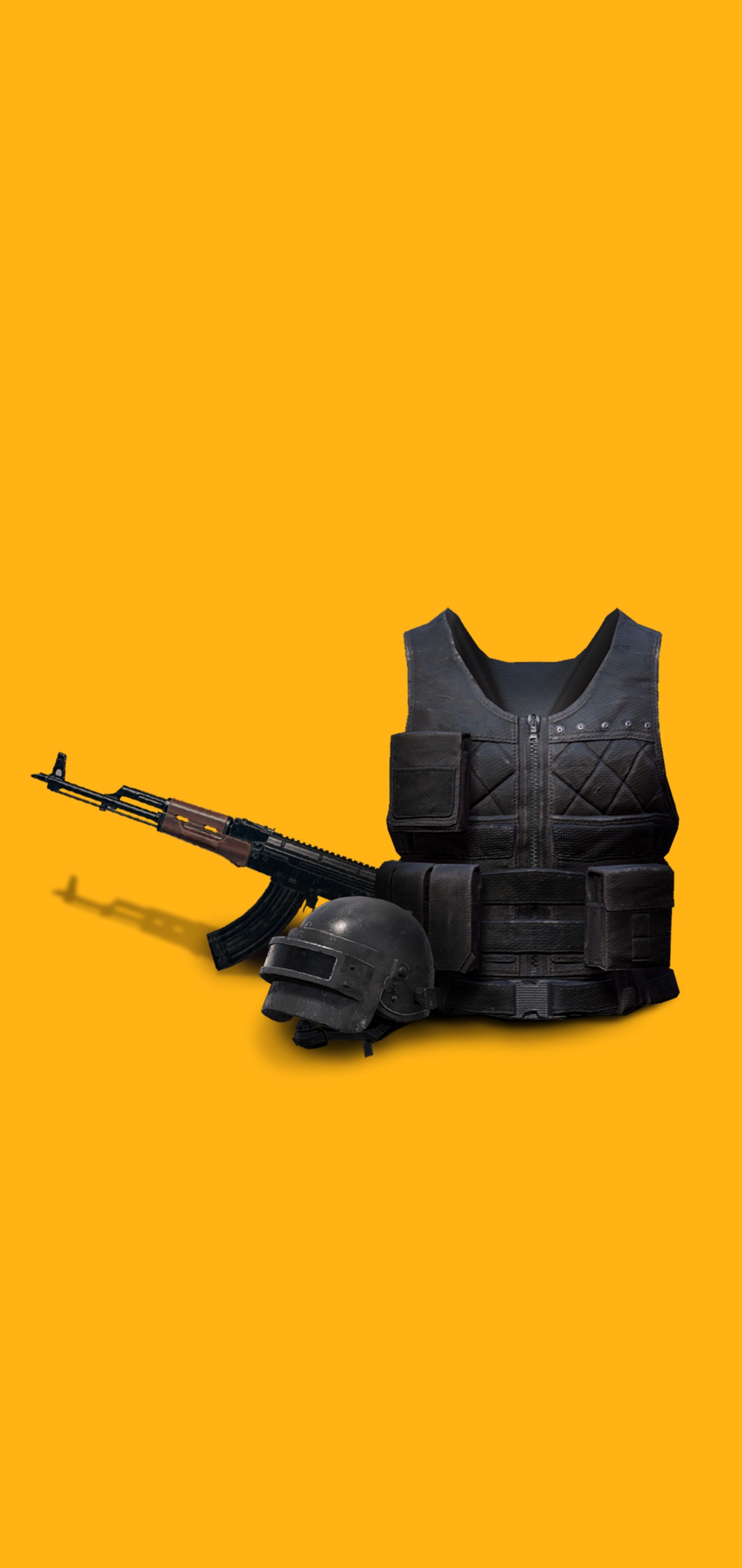 Há uma arma e um colete em um fundo amarelo (pistola de bolsa)