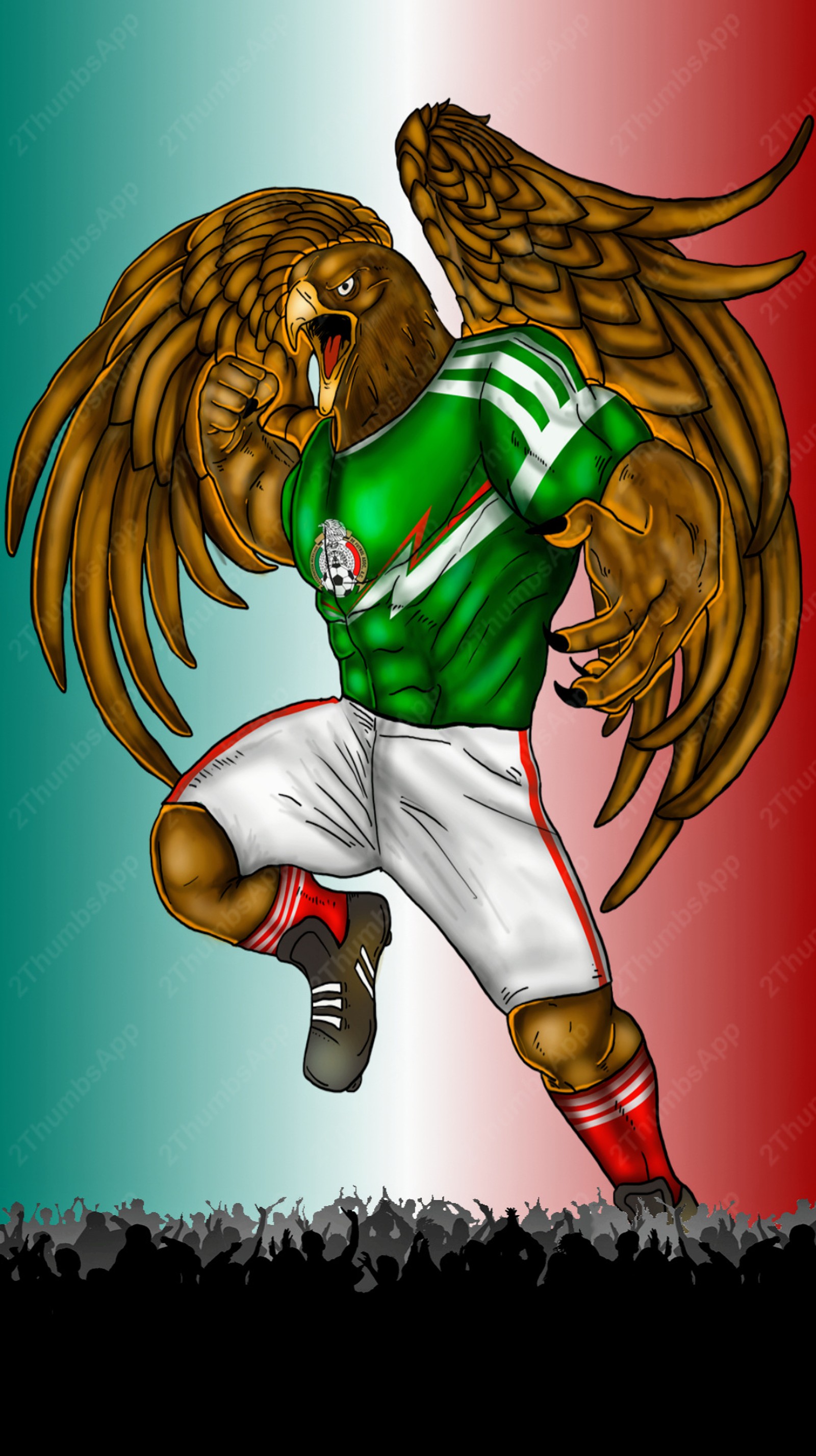 Ein cartoon von einem mann in einem fußballtrikot, der mit einem falken auf dem arm läuft (adler, liga mexicana)