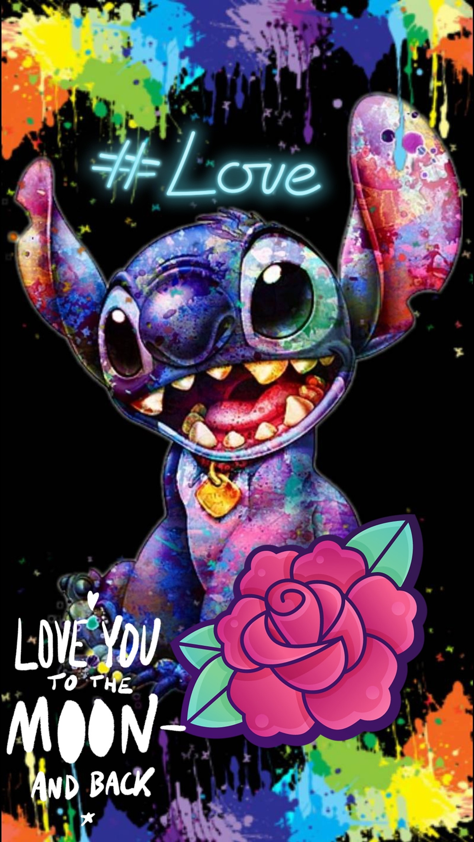 Un personaje de dibujos animados con una rosa y las palabras 'te amo hasta la luna y de regreso' (adorable, lindo, paint splatter, puntada)